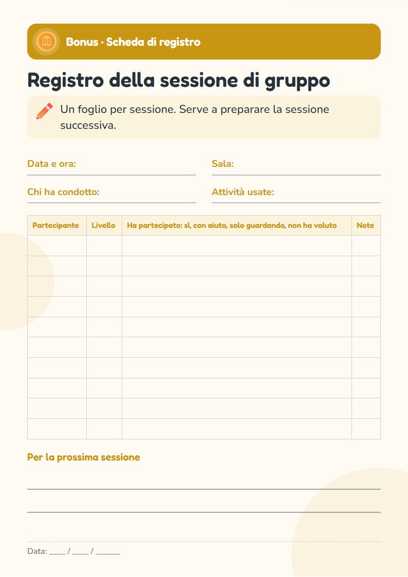 Scheda del bonus: Scheda di registro delle attività